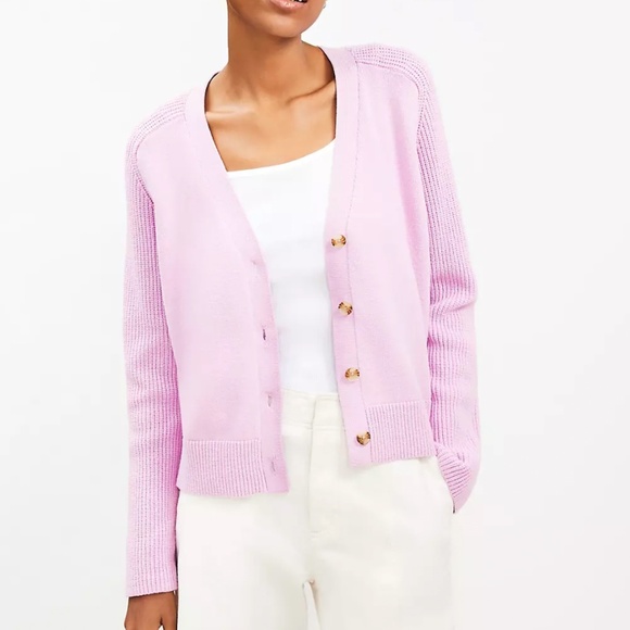 NWT LOFT Ribbed Saddle Sleeve V-Neck Cardigan Pink - Picture 1 of 2